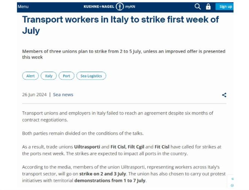 意大利大罢工！到意大利海空运物流可能延误