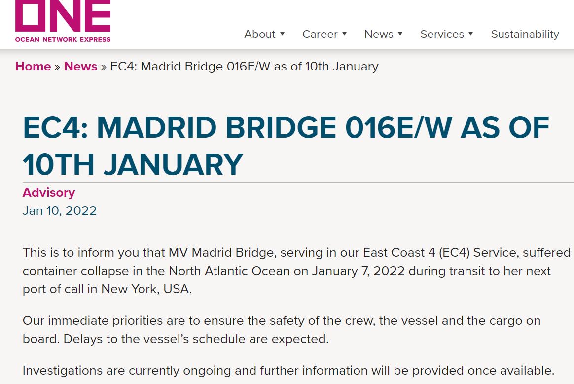 突发!ONE到美国海运集装箱船发生倒塌事故,挂靠过盐田和香港