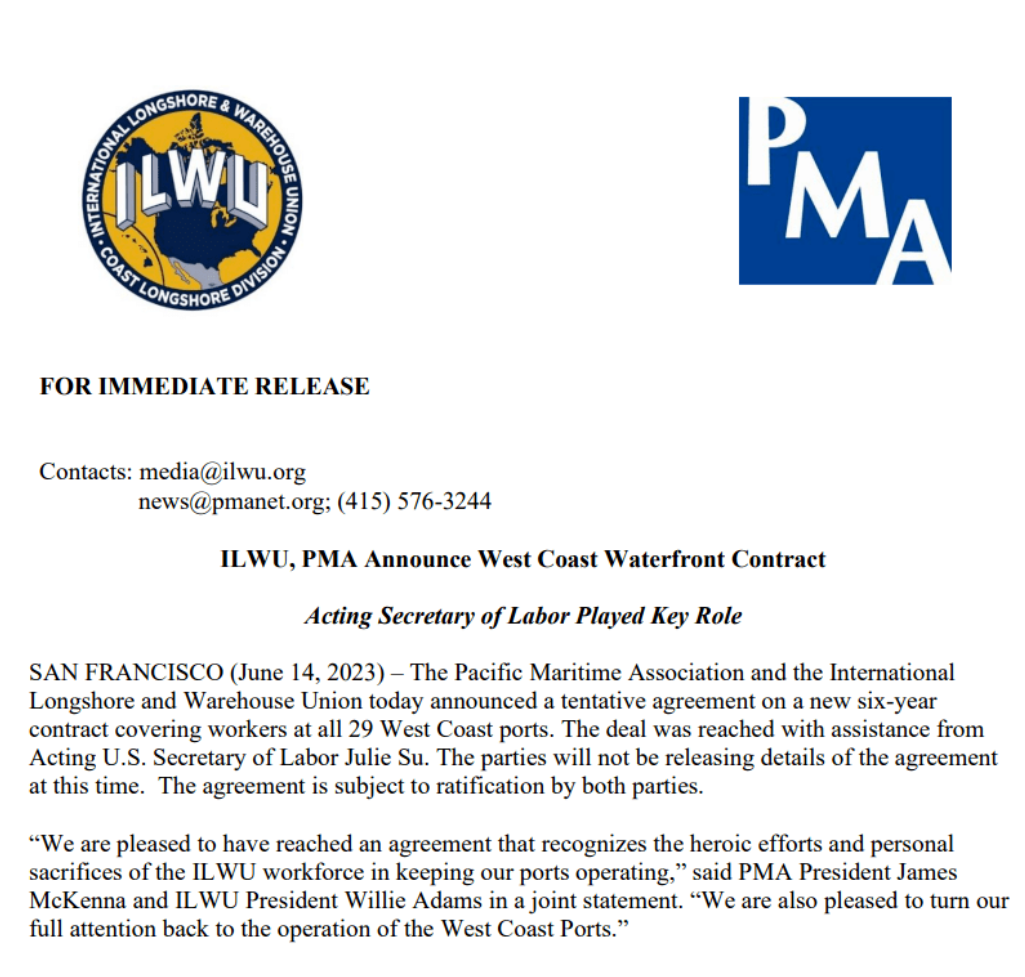 美国海运西部港口码头劳资双方达成协议,罢工问题解决